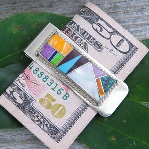 Multi Stone Inlay Sterling Silver Handmade Money Clip Credit Card Holder